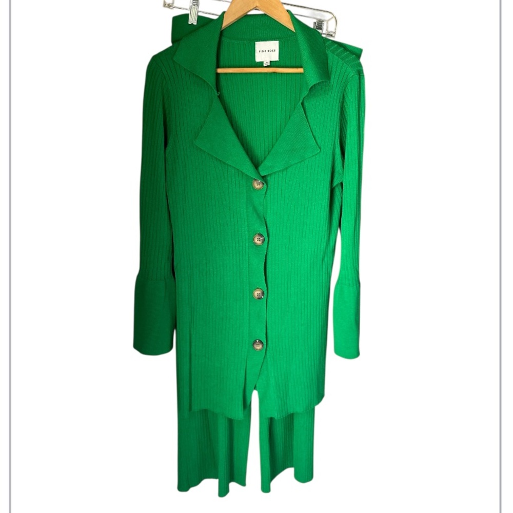 Green Button-Up Cardigan and Pants Set pink rose XL Christmas holiday loungewear